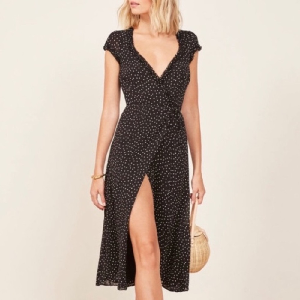 Reformation Black/White Polka Dot Wrap Dress - Gwenyth Dress S